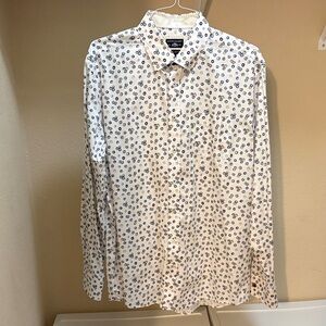 Men’s White Long-Sleeve Button-Up Shirt with Navy Print